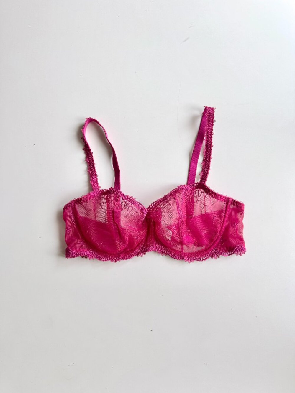 CHANTELLE Fuchsia Pink Petal Embroidered Tulle Lace Balconette Bra, Size 36DD
